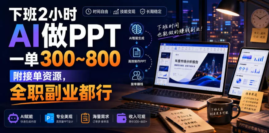 下班2小时AI做PPT，一单300~800，附接单资源，全职副业都行【揭秘】_抖汇吧