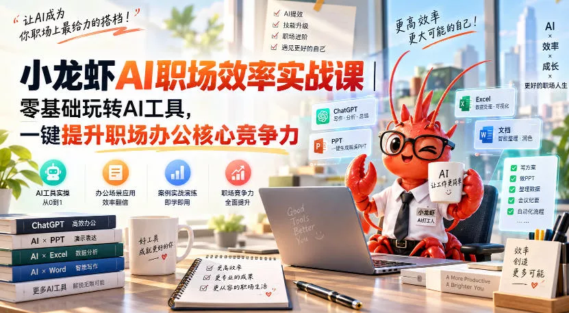 小龙虾AI职场效率实战课｜零基础玩转AI工具，一键提升职场办公核心竞争力_抖汇吧