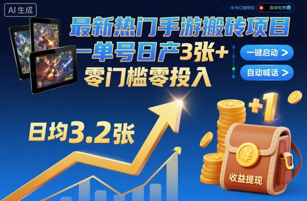 最新热门手游搬砖项目，一键自动化挂G，单号日产3张+，零门槛零投入【揭秘】_抖汇吧