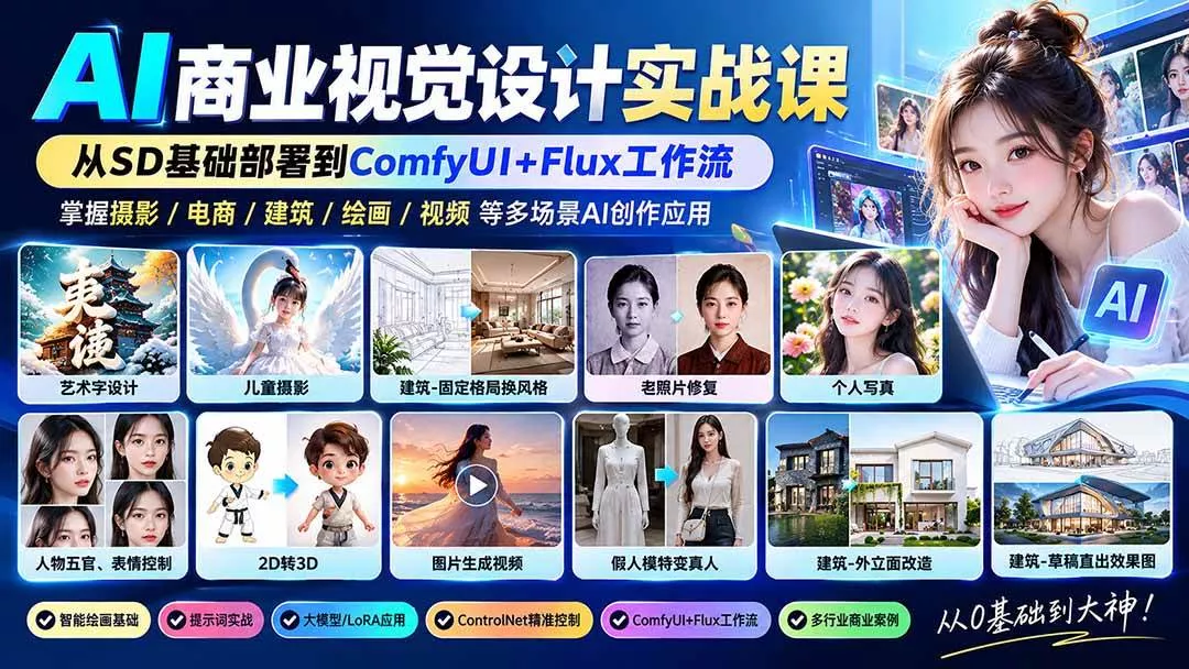 (20824期)【无水印】AI商业视觉设计实战课:从SD基础部署到ComfyUI+Flux工作流,掌握摄影电商建筑AI创作_抖汇吧