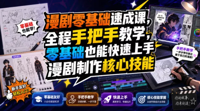 漫剧零基础速成课,全程手把手教学,零基础也能快速上手漫剧制作核心技能
