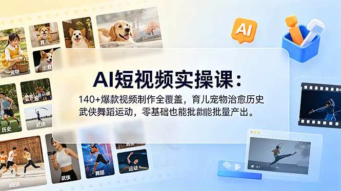 AI短视频实操课：140+爆款视频制作全覆盖，育儿宠物治愈历史武侠舞蹈运动，零基础也能批量产出_抖汇吧