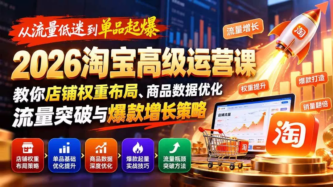 （20952期）从流量低迷到单品起爆：2026淘宝高级运营课教你店铺权重布局、商品数据优化、流量突破与爆款增长策略_抖汇吧