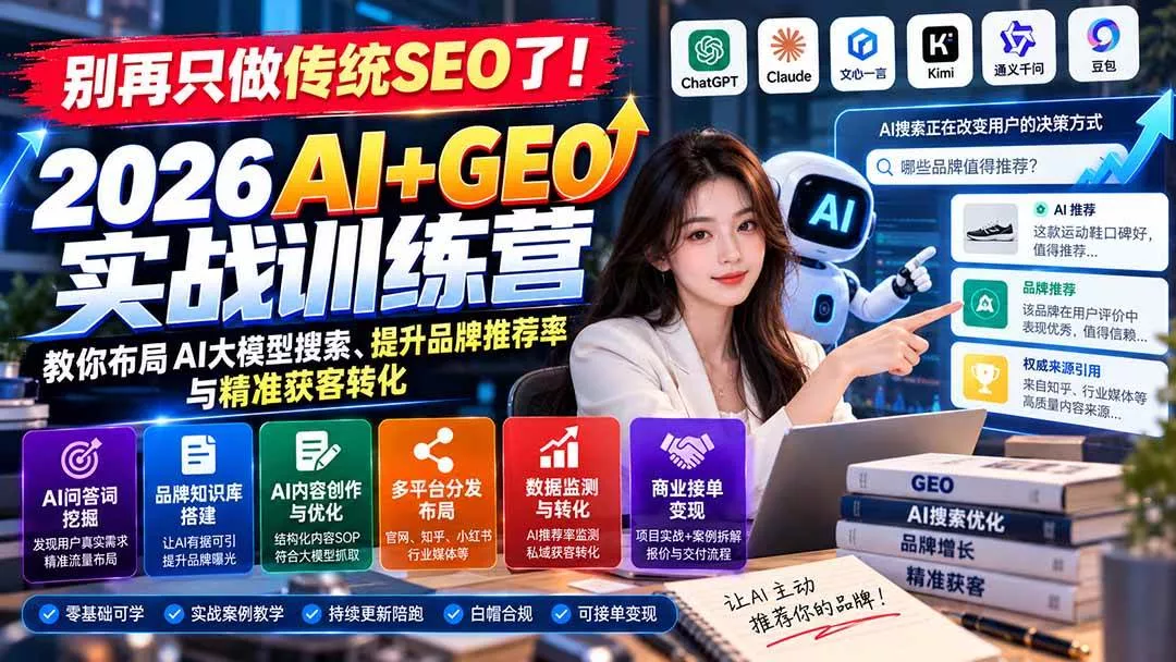 (21191期)别再只做传统SEO了!《2026AI+GEO实战训练营》教你布局AI大模型搜索、提升品牌推荐率与精准获客转化 (21191期)别再只做传统SEO了!《2026AI+GEO实战训练营》教你布局AI大模型搜索、提升品牌推荐率与精准获客转化