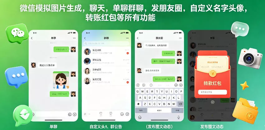 微信模拟图片生成，聊天，单聊群聊，发朋友圈，自定义名字头像，转账红包等所有功能都可以生成_抖汇吧