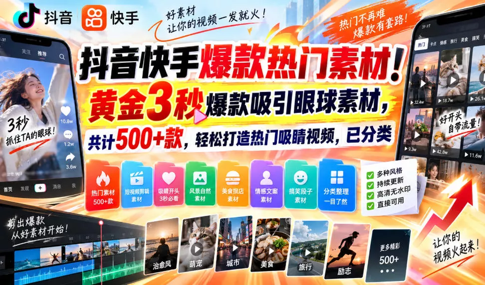 抖音快手爆款热门素材！黄金3秒爆款吸引眼球素材，共计500+款，轻松打造热门吸睛视频，已分类_抖汇吧