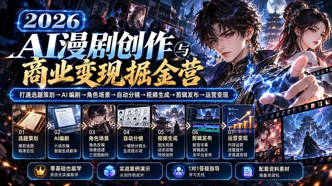 （20906期）【无水印】2026AI漫剧创作与商业变现掘金营：打通选题→AI编剧→角色场景→自动分镜→视频生成→剪辑发布→运营变现_抖汇吧