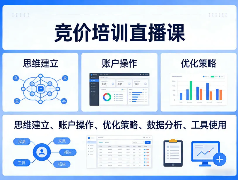 竞价培训直播课，覆盖思维建立、账户操作、优化策略、数据分析、工具使用等，全方位提升效果_抖汇吧