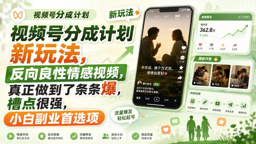 视频号分成计划新玩法，反向良性情感视频，真正做到了条条爆，槽点很强，小白副业首选项_抖汇吧