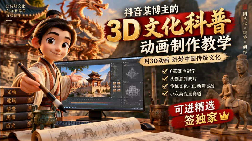 抖音某博主的3D文化科普动画制作教学，用3D动画呈现中国传统文化，可进精选签独家，单日收益1k+_抖汇吧