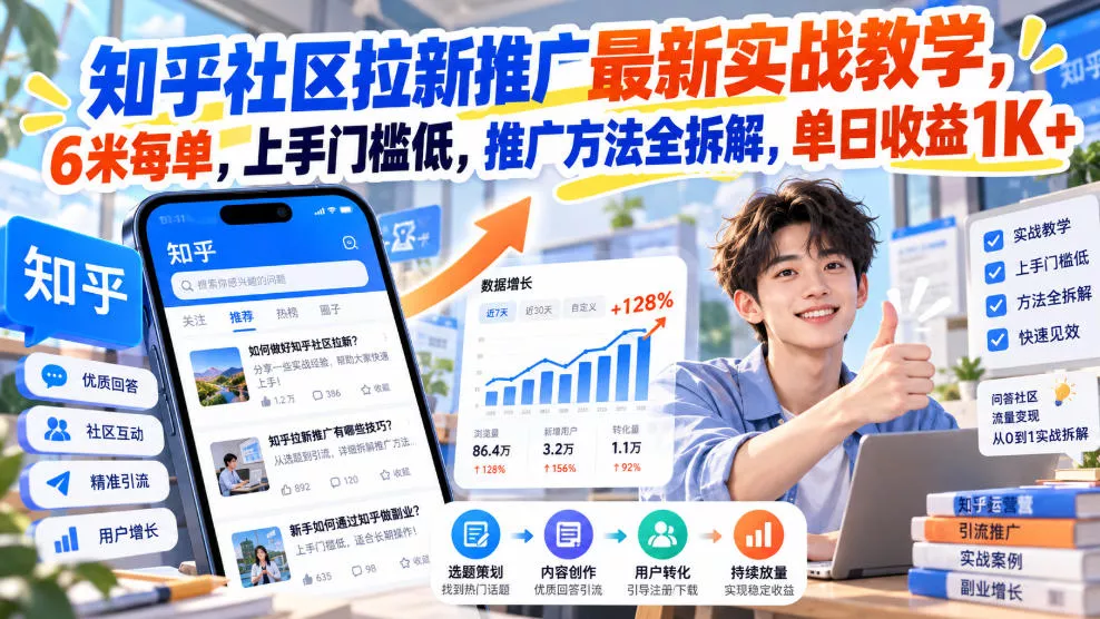 知乎社区拉新推广最新实战教学,6米每单,上手门槛低,推广方法全拆解,单日收益1K+!_抖汇吧