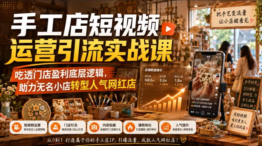 手工店短视频运营引流实战课，吃透门店盈利底层逻辑，助力无名小店转型人气网红店_抖汇吧