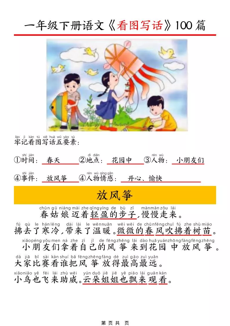 一年级下语文看图写话五要素训练