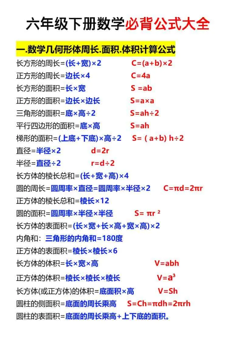 六年级下数学必背公式汇总