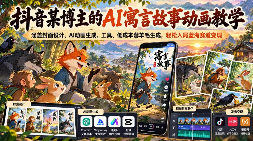 抖音某博主的AI寓言故事动画教学，涵盖封面设计、AI动画生成、工具、低成本薅羊毛生成，轻松入局蓝海赛道变现_抖汇吧