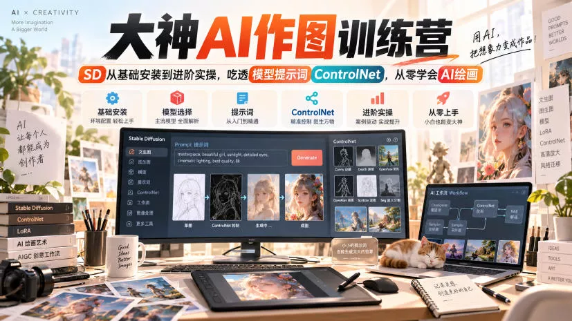 大神AI作图训练营，SD从基础安装到进阶实操，吃透模型提示词ControlNet，从零学会AI绘画_抖汇吧