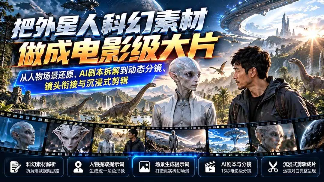 （20946期）把外星人科幻素材做成电影级大片：从人物场景还原、AI剧本拆解到动态分镜、镜头衔接与沉浸式剪辑_抖汇吧