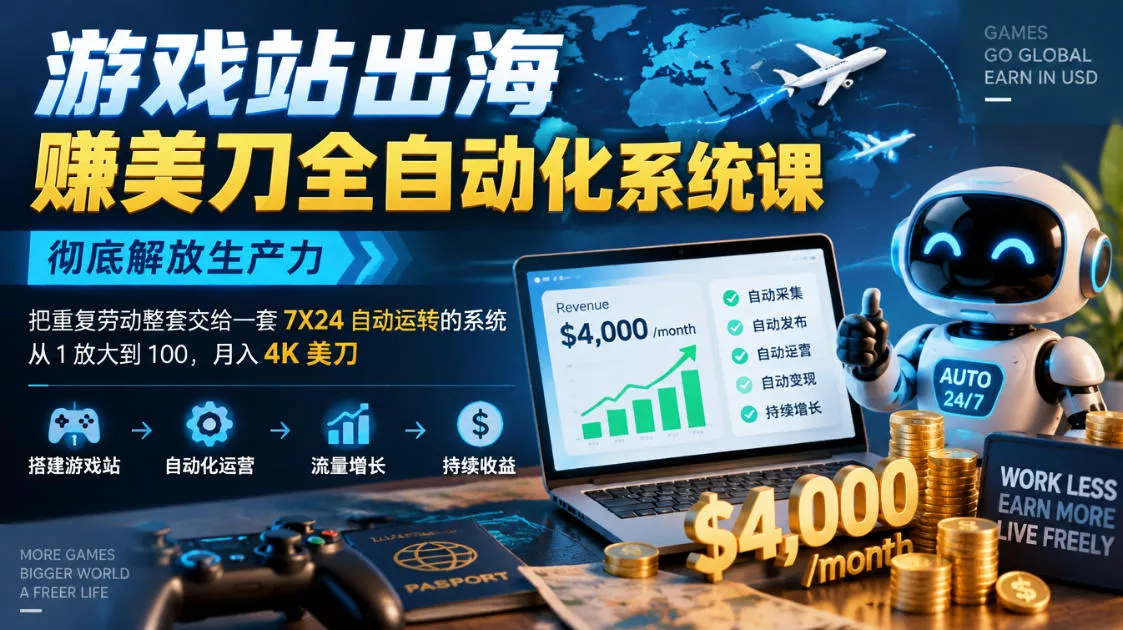 游戏站出海賺美刀全自动化系统课，彻底解放生产力–把重复劳动整套交给一套7X24自动运转的系统，从1放大到100，月入4K美刀 游戏站出海掘金从0到1小白实战课，从选词到上线，从收录到变现，月入3700刀+_抖汇吧