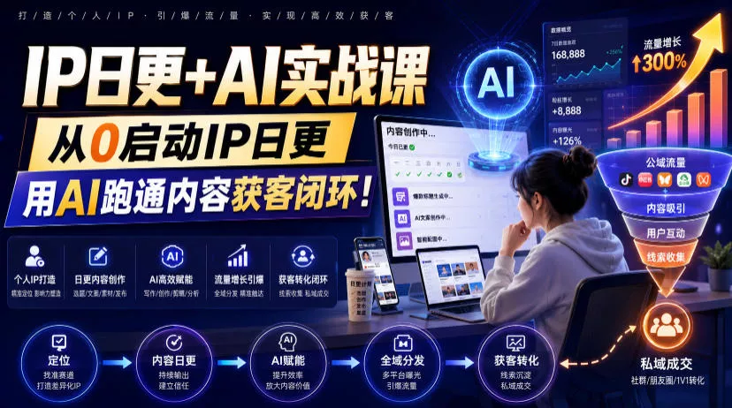 IP日更+AI实战课，从0启动IP日更，IP置顶视频制作+100条选题库搭建+10条日更规划，用AI跑通内容获客闭环!_抖汇吧