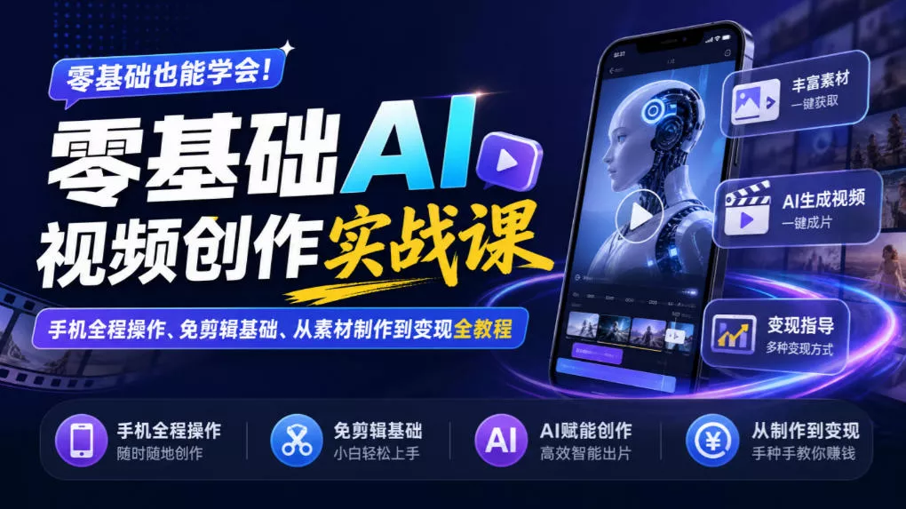 零基础AI视频创作实战课｜手机全程操作、免剪辑基础、从素材制作到变现全教程_抖汇吧