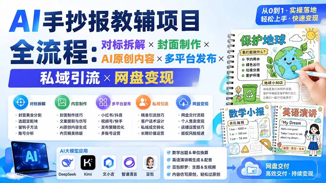 AI手抄报教辅项目全流程:对标拆解×封面制作×AI原创内容×多平台发布×私域引流×网盘变现_抖汇吧