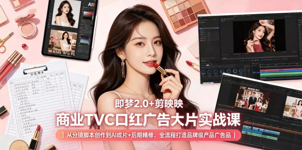 即梦2.0+剪映商业TVC口红广告大片实战课｜从分镜脚本创作到AI成片+后期精修，全流程打造品牌级产品广告_抖汇吧