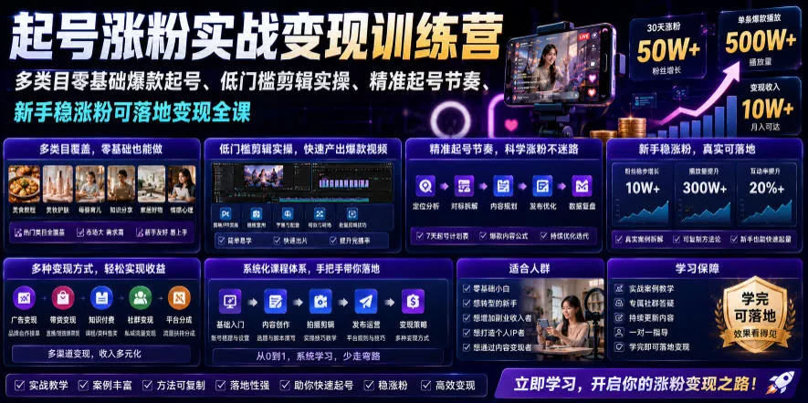 苗子起号涨粉实战变现训练营,多类目零基础爆款起号、精准起号节奏、新手稳涨粉可落地变现全课