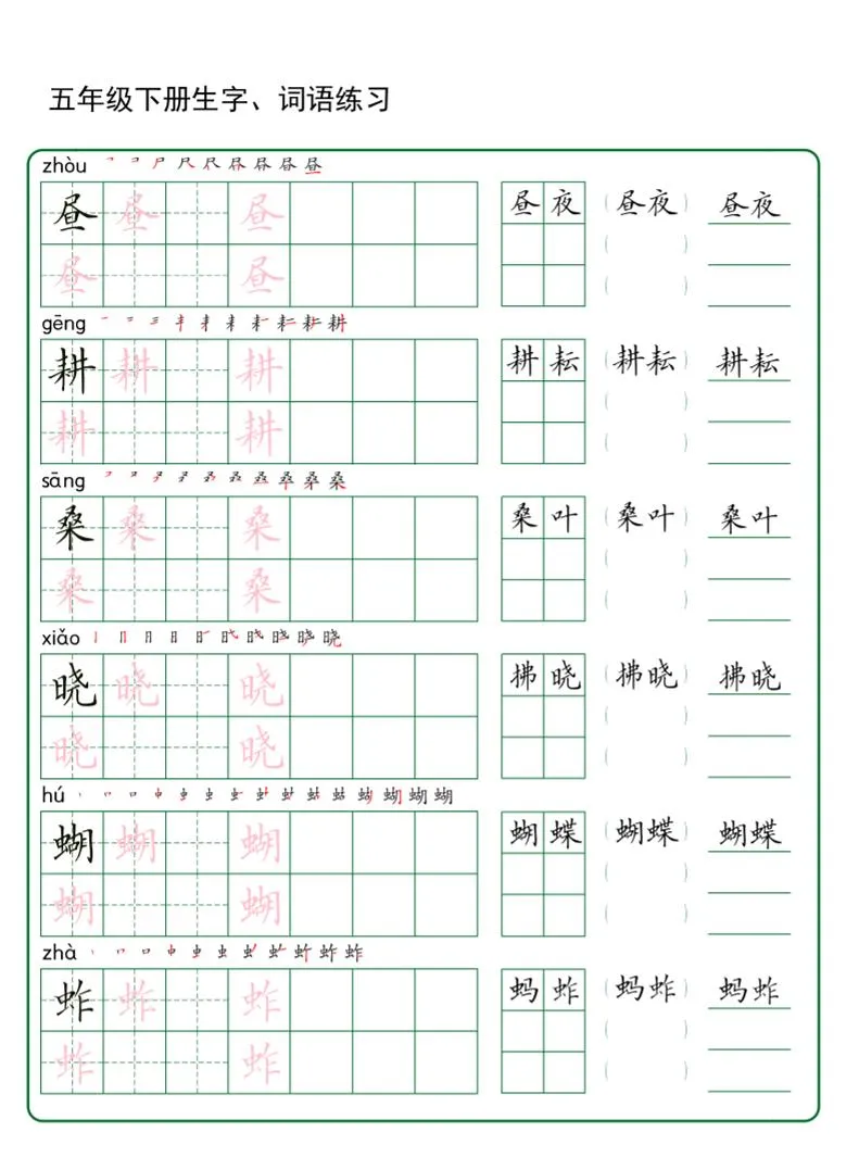 五年级下册语文生字词语练字（秋版）