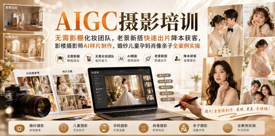 AIGC摄影培训｜无需影棚化妆团队，老景新搭快速出片降本获客，影楼摄影师AI样片制作，婚纱儿童孕妈肖像亲子全案例实操_抖汇吧