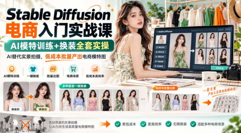 Stable Diffusion电商入门实战课，AI模特训练+换装全套实操，AI替代实景拍摄，低成本批量产出电商模特图_抖汇吧