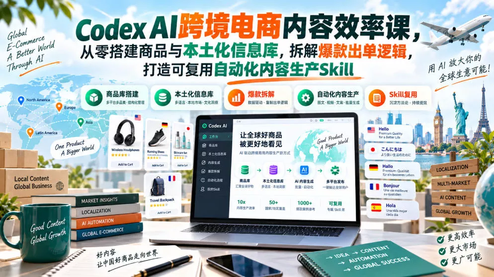 Codex AI跨境电商内容效率课，从零搭建商品与本土化信息库，拆解爆款出单逻辑，打造可复用自动化内容生产Skill_抖汇吧