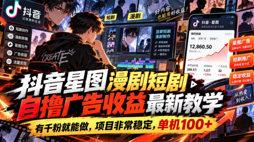 抖音星图漫剧短剧自撸广告收益最新教学，有千粉就能做，项目非常稳定，单机100+_抖汇吧