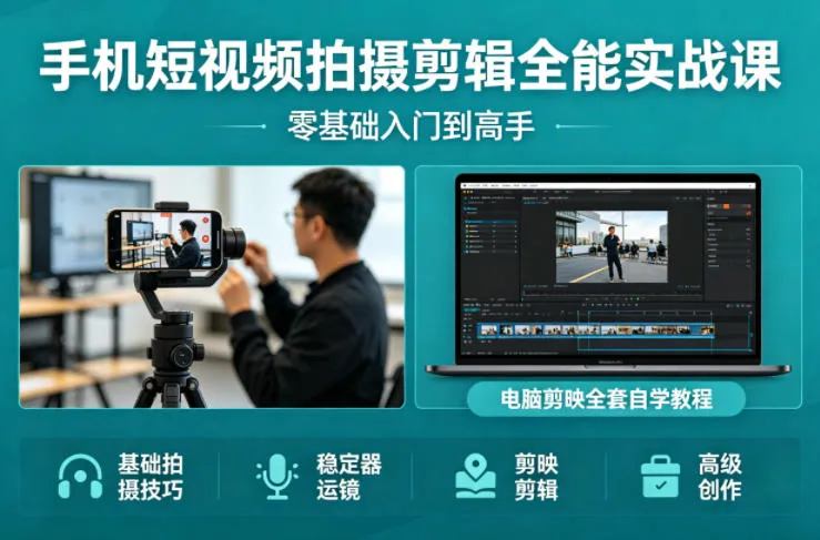 手机短视频拍摄剪辑全能实战课：零基础入门到高手，稳定器运镜+电脑剪映全套自学教程_抖汇吧