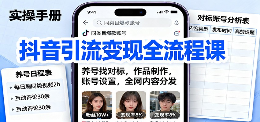 抖音引流变现全流程课：养号找对标，作品制作，账号设置，全网内容分发_抖汇吧
