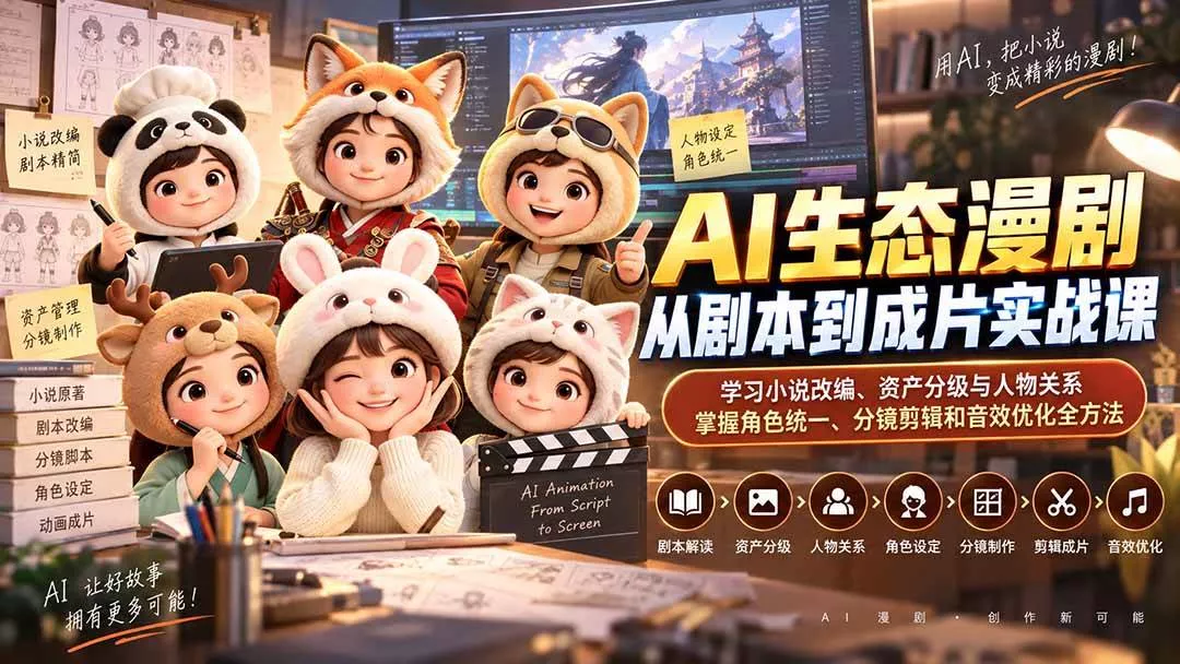 （20412期）AI生态漫剧从剧本到成片实战课：学习小说改编、资产分级与人物关系，掌握角色统一、分镜剪辑和音效优化全方法_抖汇吧