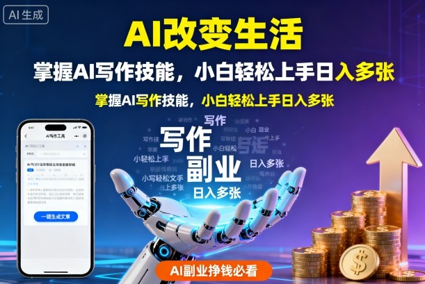 AI改变生活，掌握AI写作技能，小白轻松上手日入多张，AI副业挣钱必看_抖汇吧
