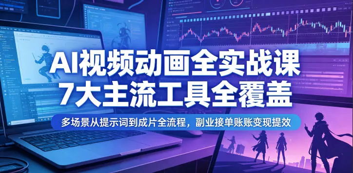 AI视频动画全实战课,7大主流工具全覆盖,多场景从提示词到成片全流程,副业接单账号变现提效