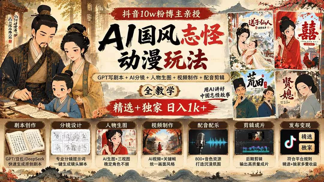（20538期）抖音10w粉博主亲授AI国风志怪动漫玩法｜GPT写剧本+AI分镜+人物生图+视频制作+配音剪辑全教学｜精选+独家日入1k+_抖汇吧