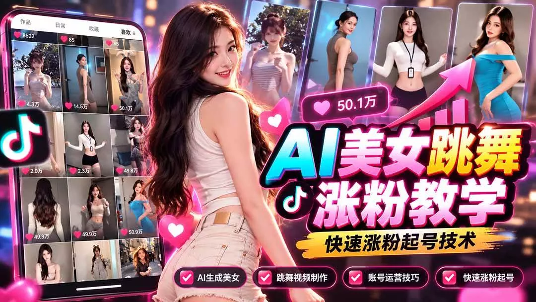 （21256期）AI美女跳舞涨粉教学，AI生成美女，跳舞视频制作，账号运营与快速起号涨粉