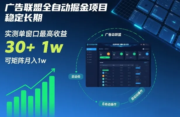 广告联盟全自动掘金项目，稳定长期，实测单窗口最高收益30+，可矩阵月入1w+【揭秘】_抖汇吧
