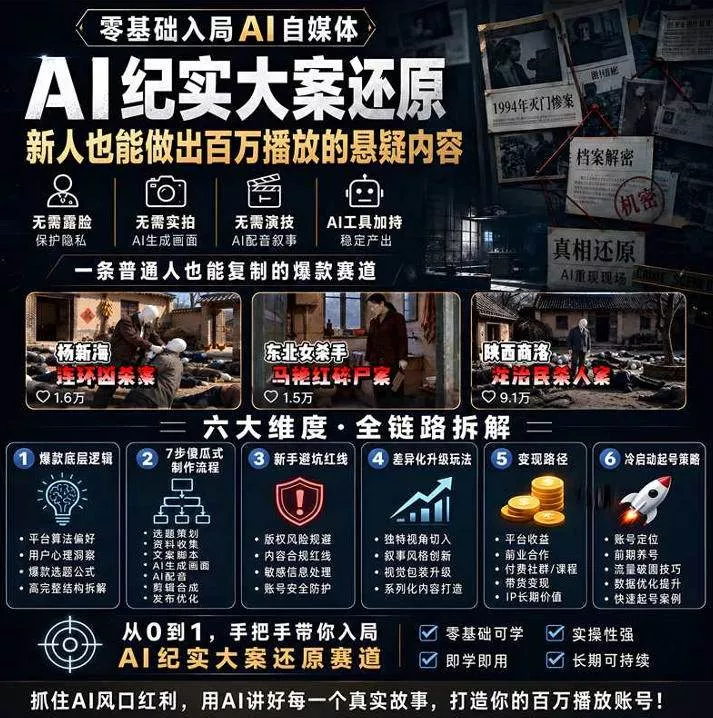(20865期)抖音8W粉博主AI纪实大案还原教学:一条普通人也能复制的爆款赛道,新人也能做出百万播放的悬疑内容 (20865期)抖音8W粉博主AI纪实大案还原教学:一条普通人也能复制的爆款赛道,新人也能做出百万播放的悬疑内容