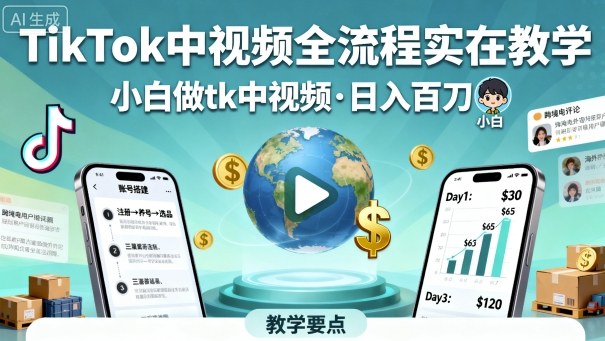 TikTok中视频全流程实操教学，小白做tk中视频，日入百刀_抖汇吧