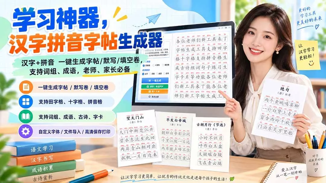 （20299期）学习神器，汉字拼音字帖生成器，汉字+拼音 一键生成字帖/默写/填空卷，支持词组、成语，老师、家长必备_抖汇吧