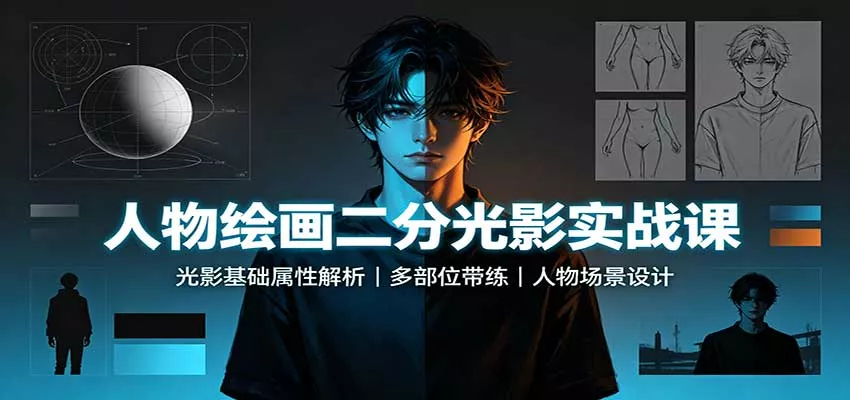 人物绘画二分光影实战课：光影基础属性解析，多部位带练，人物场景设计_抖汇吧