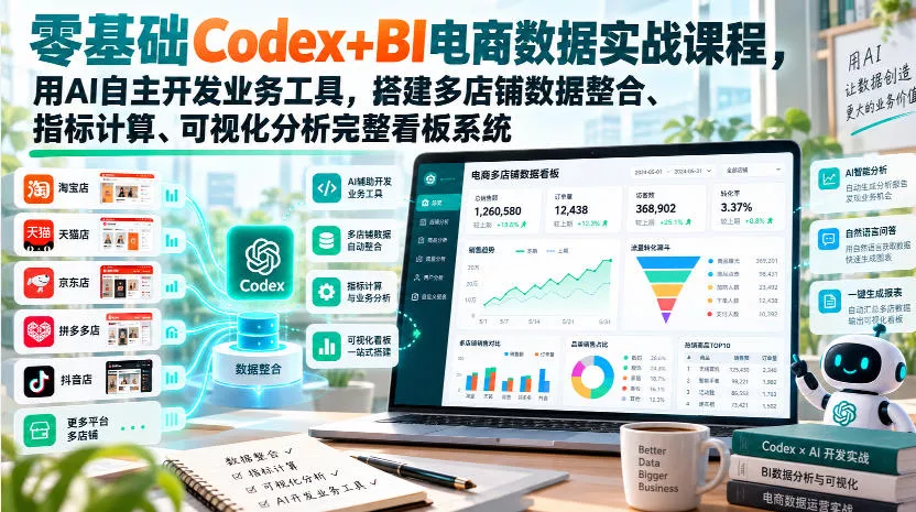 零基础Codex+BI电商数据实战课程，用AI自主开发业务工具，搭建多店铺数据整合、指标计算、可视化分析完整看板系统_抖汇吧