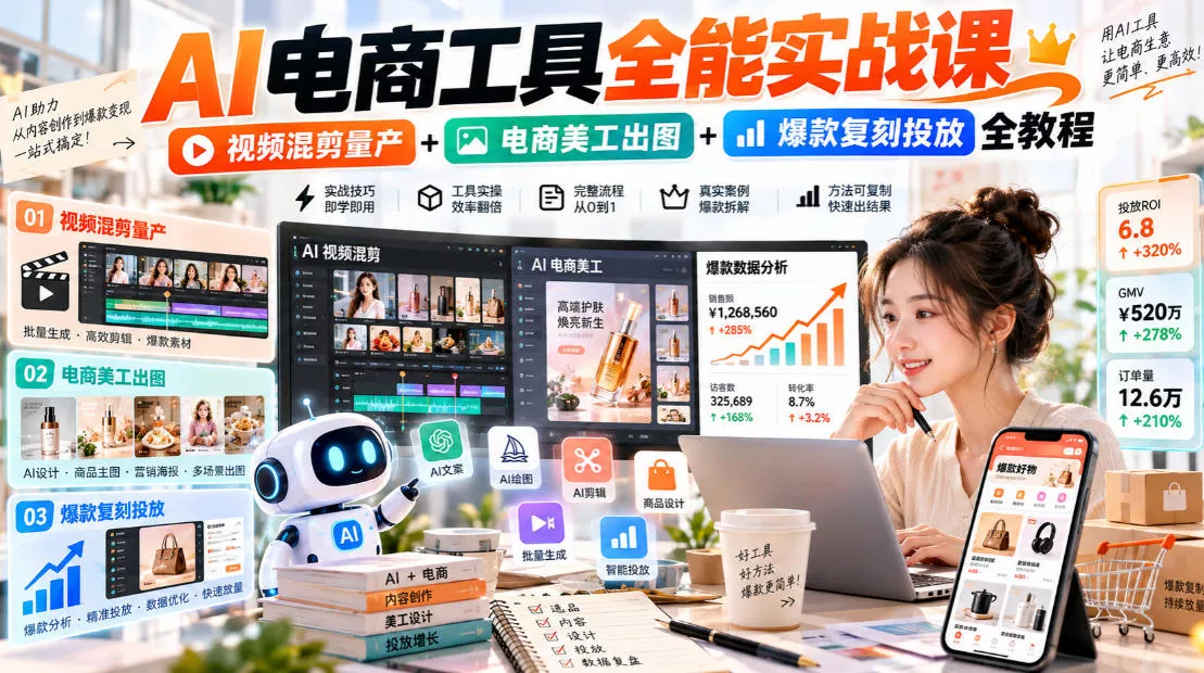 AI电商工具全能实战课|视频混剪量产+电商美工出图+爆款复刻投放全教程