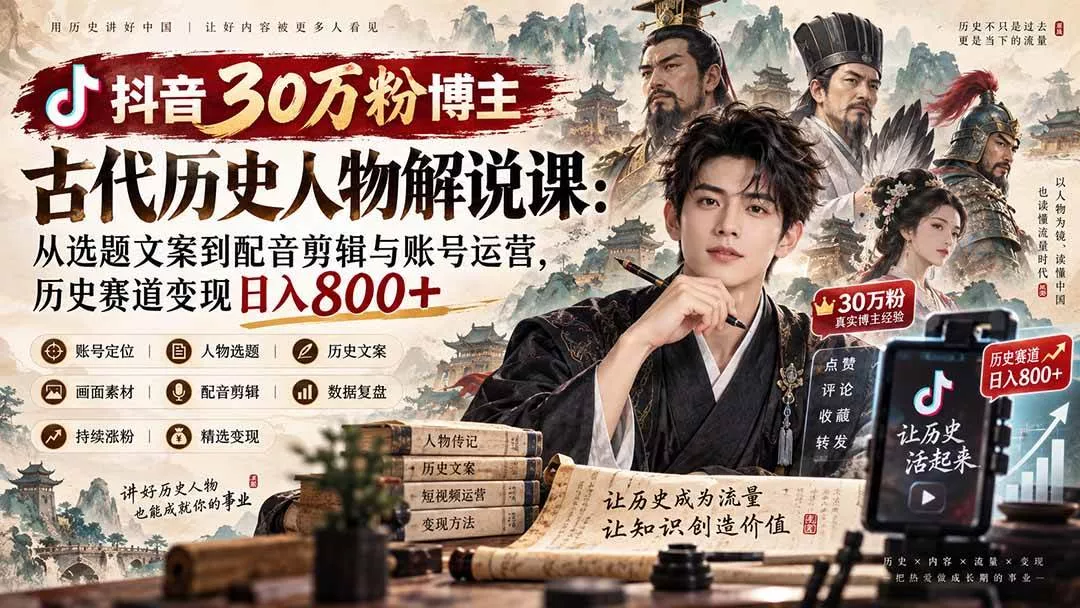 （20441期）抖音30万粉博主古代历史人物解说课：从选题文案到配音剪辑与账号运营，历史赛道变现日入800+_抖汇吧
