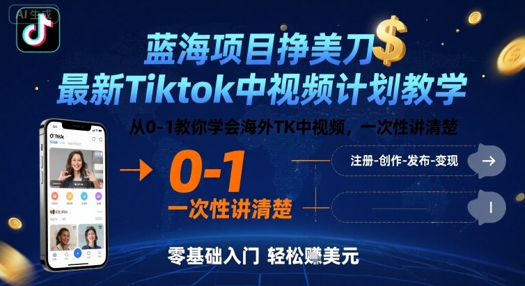 蓝海项目挣美刀，最新Tiktok中视频计划教学，从0-1教你学会海外TK中视频，一次性讲清楚_抖汇吧
