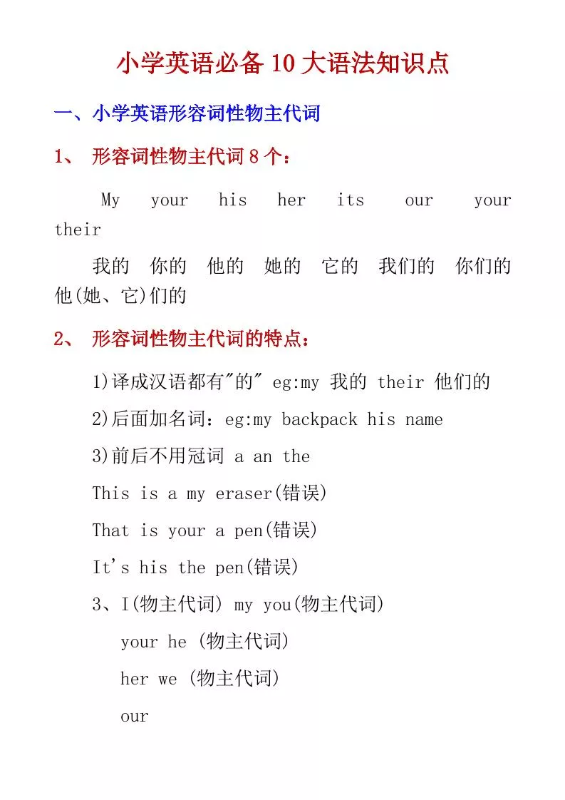 六年级下英语小学必备10大语法知识点