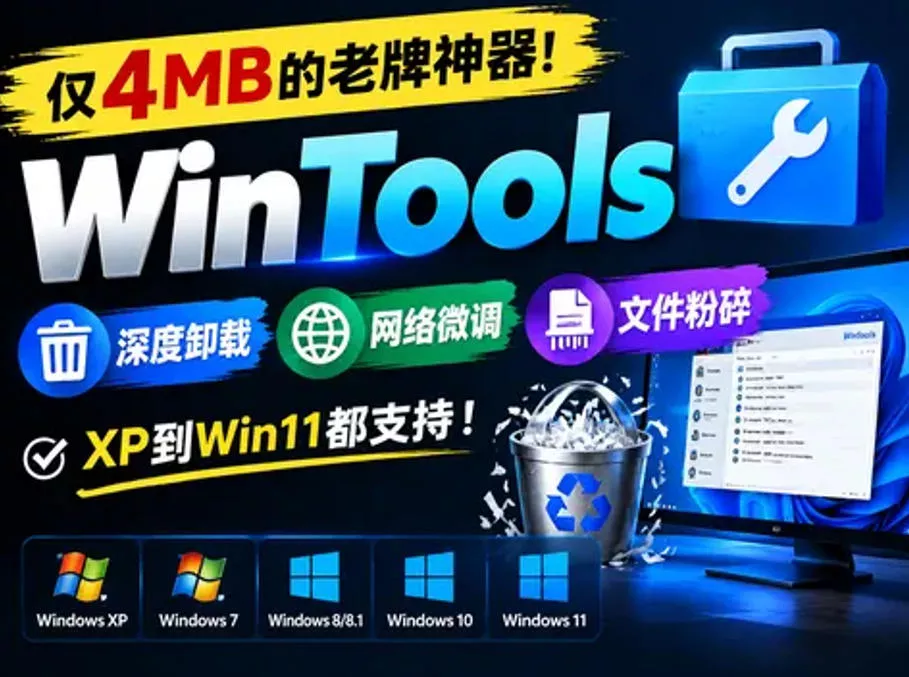 仅4MB的老牌神器！WinTools深度卸载+网络微调+文件粉碎，XP到Win11都支持！_抖汇吧